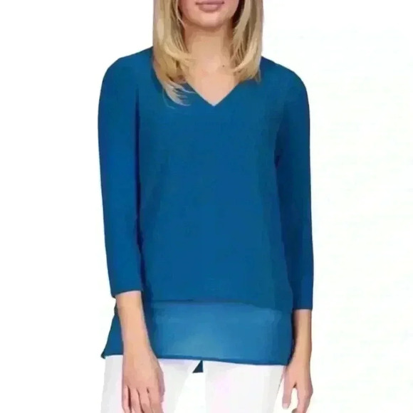 MICHAEL Michael Kors Women's V-Neck Mixed Media Top Navy Size XS - Picture 1 of 7